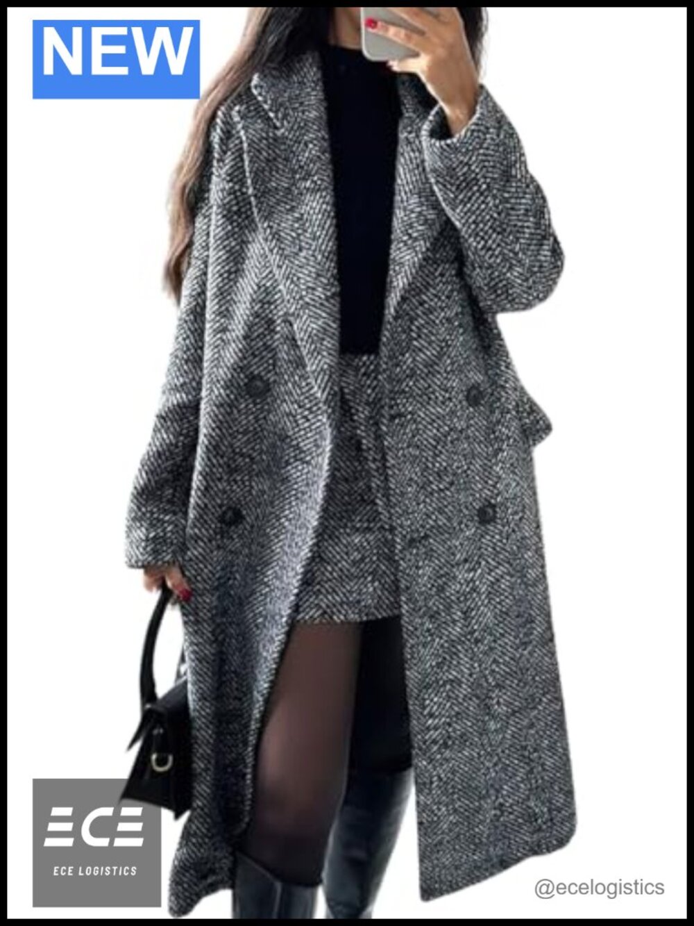 Women's Herringbone Wool Blend Pea Coat Double Breasted Long Trench Coat
